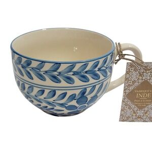 Hand Painted Ceramic Soup Mug Blue Floral Vine Handcrafted Made in India NWT